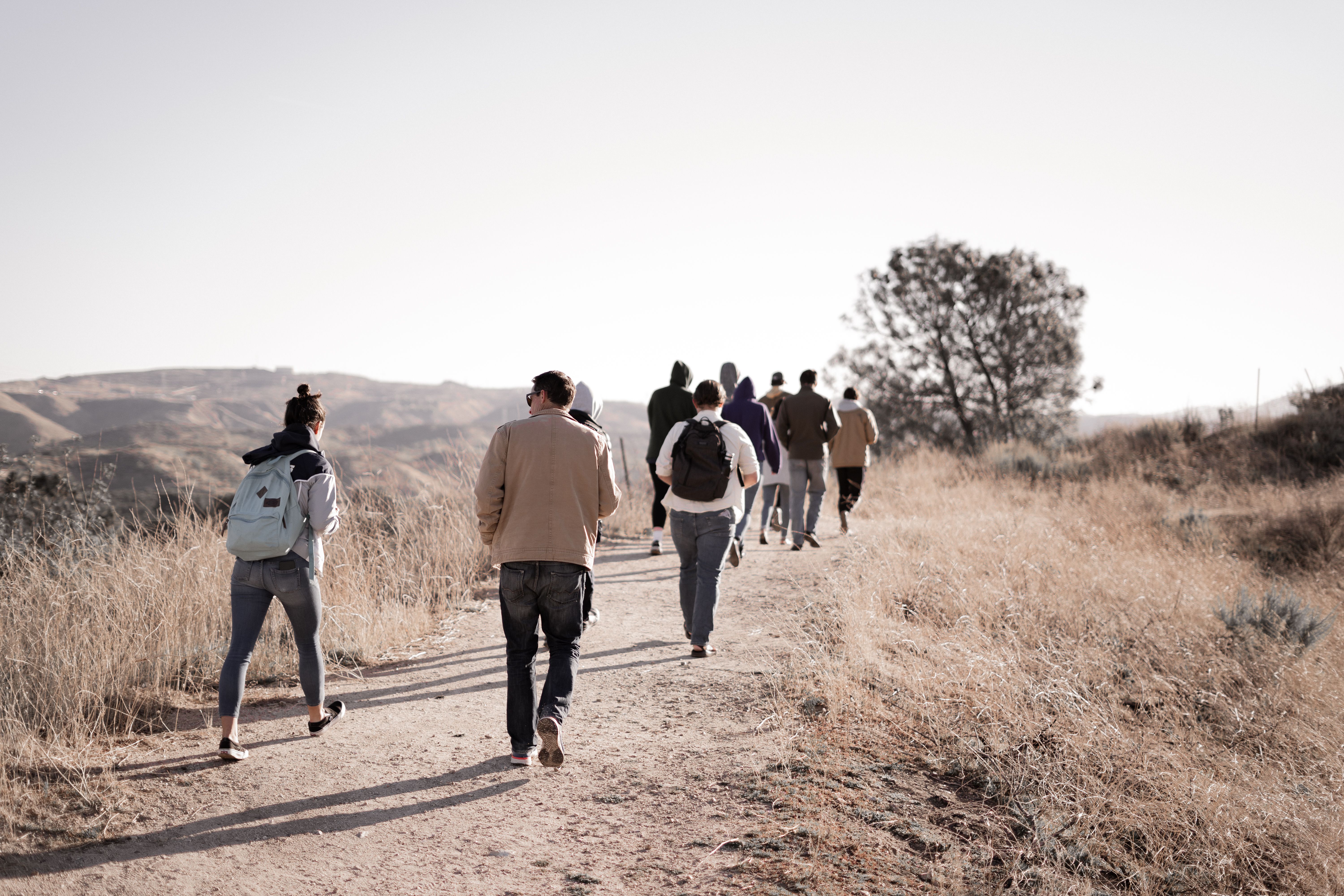 Equipo en retiro caminando por la naturaleza